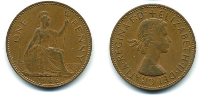 Великобритания 1 пенни 1966 Елизавета II (1952-2022) KM 897, Spink 4157 бронза 46-1934