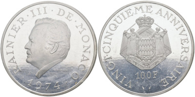 Монако 100 франков 1974 25 лет правления князя Ренье III, запайка, в оригинальной коробке KM 3 серебро PROOF 3-4-7-13