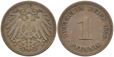ГЕРМАНИЯ 1 ПФЕННИГ 1898 E KM 10, J. 10, Weege 2 медь 211-228