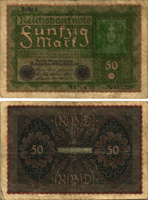 ГЕРМАНИЯ 50 МАРОК 1919 24 ИЮНЯ 1919, REIHE I, СЕРИЯ KL, ВЫПУСК С НОЯБРЯ 1919 ГОДА Pick 66, Rosenberg 62аа бумага 8609-50-1