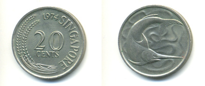 СИНГАПУР 20 ЦЕНТОВ 1974 ГОЛУБОЙ МАРЛИН, ТУНЕЦ KM 4 медно-никель UNC 86-1146