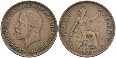 Великобритания 1/2 пенни 1931 Георг V (1910-1936) KM 837, Spink 4058 бронза 4126-744