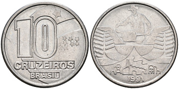 Бразилия 10 крузейро 1991 золотодобыча KM 619.2 нержавеющая сталь 4178-556