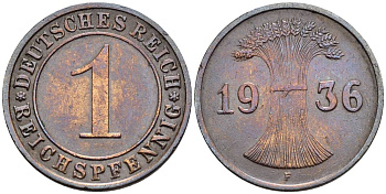 ГЕРМАНИЯ 1 РЕЙХСПФЕННИГ 1936 F KM 37, J. 313, Weege 2 бронза 4547-229