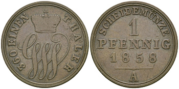 Шаумбург-Липпе 1 пфенниг 1858 А, Георг Вильгельм (1787-1860) KM 38 медь 99-765