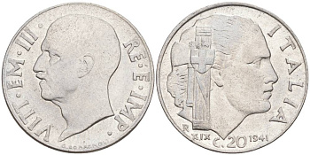 ИТАЛИЯ 20 ЧЕНТЕЗИМО 1941 R, ГОД XIX, ВИКТОР ЭММАНУИЛ III (1900-1946) KM 75b, VEM3. 1028 нержавеющая сталь 3853-856