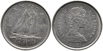 Канада 10 центов 1986 Елизавета II (1952-2022), парусник KM 77.2 никель 4532-832