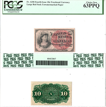 США, Fractional Currency 10 центов ND (1863) четвертый выпуск. Большая красная печать. Бумага без водяного знака, с розовыми волокнами. В холдере компании PCGS Currency. Сохранность - «63 PPQ». Friedberg № 1258. Pick 115 бумага 452-3-58