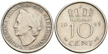 Нидерланды 10 центов 1948 Вильгельмина (1895-1948) KM 177 никель 4364-3639