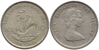 Восточно-Карибские штаты 10 центов 1986 Елизавета II (1952-2022), парусник KM 13 медно-никель 4396-613