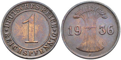 ГЕРМАНИЯ 1 РЕЙХСПФЕННИГ 1936 F KM 37, J. 313, Weege 2 бронза 4547-229