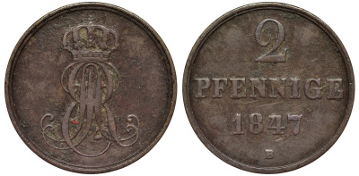 Ганновер 2 пфеннига 1847 B, Эрнст Август (1837-1851) KM 202.1, AKS 124, J. 75 медь 75-1845