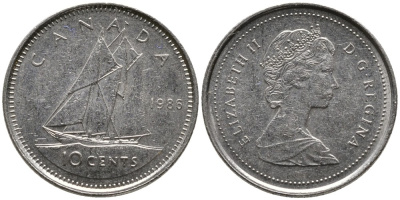 Канада 10 центов 1986 Елизавета II (1952-2022), парусник KM 77.2 никель 4532-832