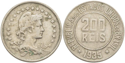 БРАЗИЛИЯ 200 РЕЙС 1935 ГОЛОВА СВОБОДЫ ВПРАВО KM 519 медно-никель 4529-555