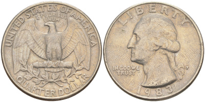 США 25 ЦЕНТОВ = КВОТЕР 1983 P, ВАШИНГТОН KM A164a медь плакированная медно-никелем 4114-917