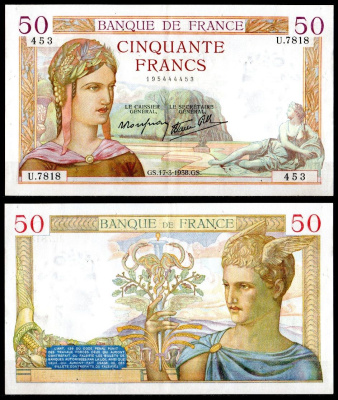 Франция 50 франков 1938 Pick 85 b бумага 7198-23-1-2