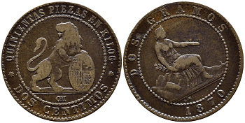 ИСПАНИЯ 2 СЕНТИМО 1870 OM KM 661 медь 4391-117