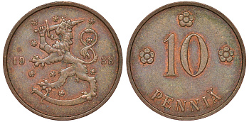 Финляндия 10 пенни 1938 KM 24 медь 51-3032