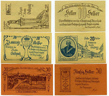 Австрия, Галлспах набор из 3 банкнот 10, 20, 50 геллеров 1920 нотгельд, земля Верхняя Австрия   бумага  UNC (пресс) 7555-21-3-3