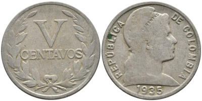 КОЛУМБИЯ 5 СЕНТАВО 1935 KM 199 медно-никель 4532-214