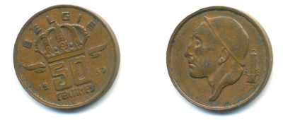 Бельгия 50 сантимов 1957 Belgie, Бодуэн I (1951-1993) KM 149.1 бронза 86-1312