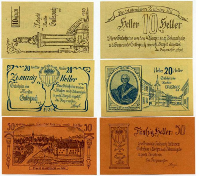 Австрия, Галлспах набор из 3 банкнот 10, 20, 50 геллеров 1920 нотгельд, земля Верхняя Австрия   бумага  UNC (пресс) 7555-21-3-3