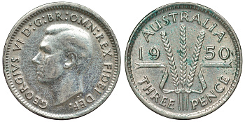 Австралия 3 пенса 1950 m, Георг VI (1937-1952), без букв KM 44 серебро 71-254