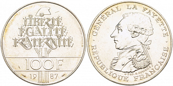 Франция 100 франков 1987 230 лет со дня рождения генерала Лафайета KM 962 серебро UNC 1074-6-61