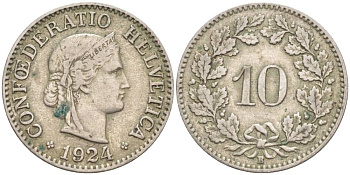 Швейцария 10 раппенов 1924 В KM 27 медно-никель 66-955
