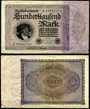 Германия 100000 марок 1923 1 февраля 1923, серия F, номер 8-значный Pick 83, Розенберг 82a бумага 8607-19-1-2