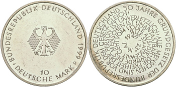 ФРГ 10 марок 1999 D, 50 лет конституции ФРГ KM 196 серебро UNC 02-222-45