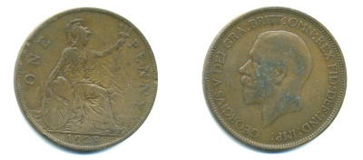 Великобритания 1 пенни 1928 Георг V (1910-1936) КМ 826, Spink 4054 бронза 4383-635