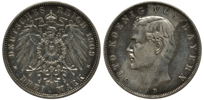Бавария 3 марки 1909 Отто (1886-1913) Weege 45, J. 47, KM 515 серебро 3711-1924