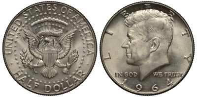 США 1/2 доллара (50 центов) 1964 Джон Кеннеди KM 202 серебро 272-1743