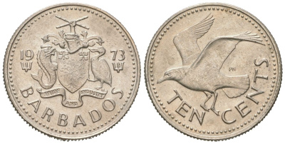 Барбадос 10 центов 1973 смеющаяся (Ацтекская) чайка KM 12 медно-никель UNC 4618-1162