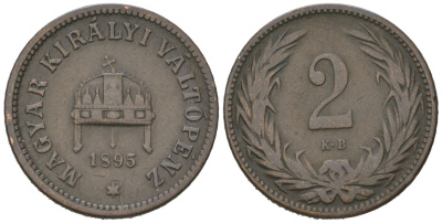 Венгрия 2 филлера 1895 KB, Франц Иосиф I (1848-1916) KM 481 бронза 4147-446