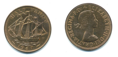 Великобритания 1/2 пенни 1967 Елизавета II (1952-2022) KM 896, Spink 4158 бронза 59-924