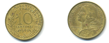 ФРАНЦИЯ 10 САНТИМОВ 1963 ТИП MARIANE KM 929, LE FRANC 144.3 алюминиевая бронза 3999-1352