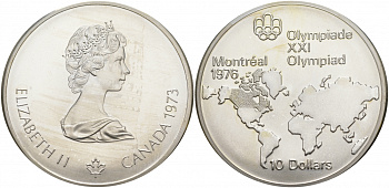 Канада 10 долларов 1973 XXI летние Олимпийские игры в Монреале 1976 года, Канада на карте мира KM 86.1 серебро UNC 01-172-12