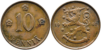 Финляндия 10 пенни 1940 KM 24 медь 4388-851