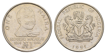 Нигерия 1 найра 1991 KM 14 сталь плакированная никелем 4634-822