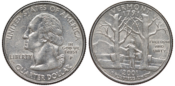 США 25 центов = квотер 2001 Р, серия штаты США, Вермонт KM 321 медь плакированная медно-никелем 4538-1043