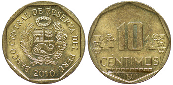 Перу 10 сентимо 2010 KM 305.4 латунь aUNC 4605-637