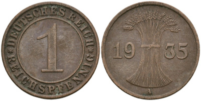 Германия 1 рейхспфенниг 1935 A KM 37, J. 313 бронза 4528-567