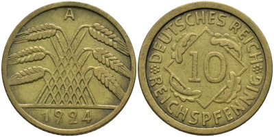 Германия 10 рейхспфеннигов 1924 A KM 40 алюминиевая бронза 4171-321