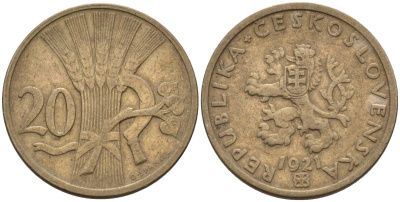 Чехословакия 20 геллеров 1921 KM 1 медно-никель 4174-938