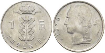 Бельгия 1 франк 1975 Belgie, Бодуэн I (1951-1993) KM 143.1 медно-никель 119-636