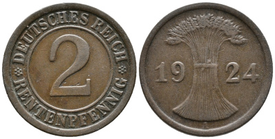 ГЕРМАНИЯ 2 РЕНТЕНПФЕННИГА 1924 A KM 31, J. 307 бронза 24-642