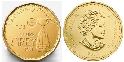 Канада 1 доллар 2012 100-ый кубок Грея (чемпионат канадской футбольной лиги) KM 1295 никель плакированный бронзой UNC M45-15