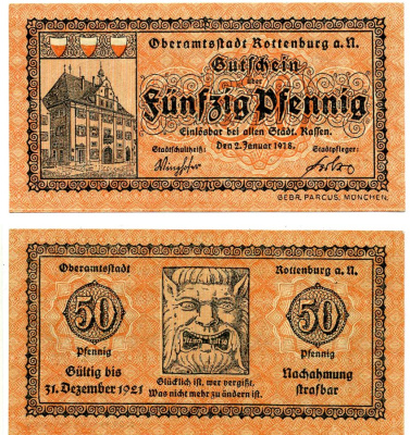 Роттенбург 50 пфеннигов 1918 2 января 1918 - 31 декабря 1921, нотгельд, розовая Grabowski R49.4a бумага 2195-46-2-2